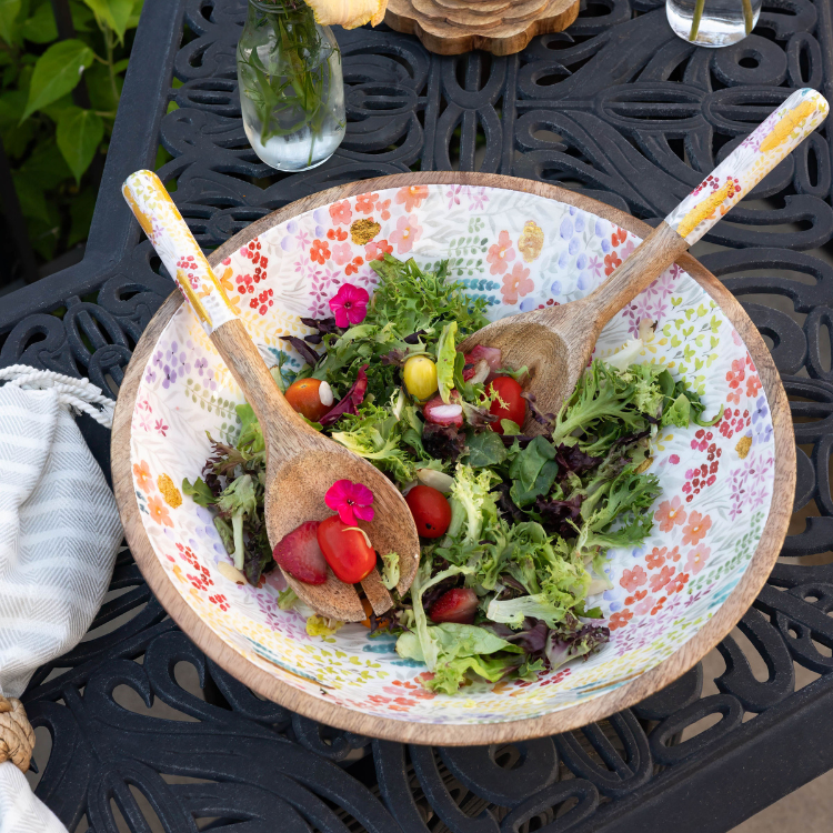 Jeanne Fitz Medium Floral Gold Foil Bowl and Salad Servers Set