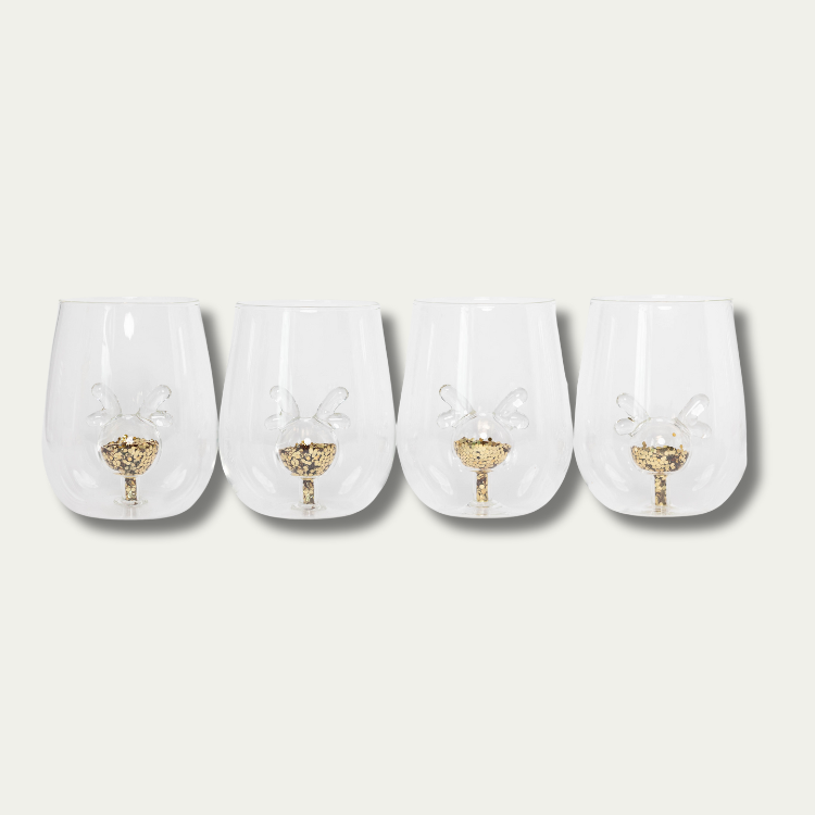 Jeanne Fitz Glitter Reindeer Stemless Wine Glass, Set of 4