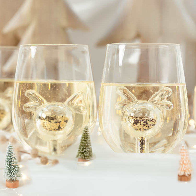 Jeanne Fitz Glitter Reindeer Stemless Wine Glass, Set of 4