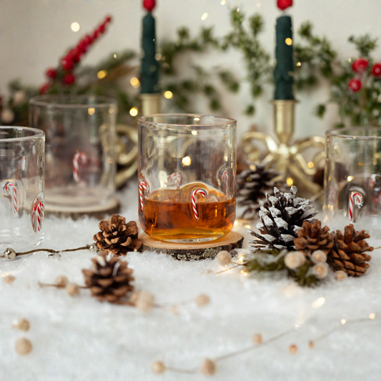 Glass of amber liquid with a candy cane on a coaster, surrounded by pine cones and Christmas decorations.