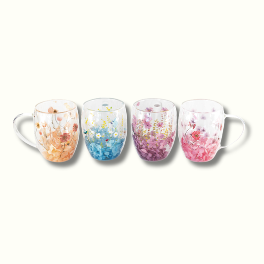 Jeanne Fitz Double Wall Flower Mugs, Assorted Colors, Set of 4