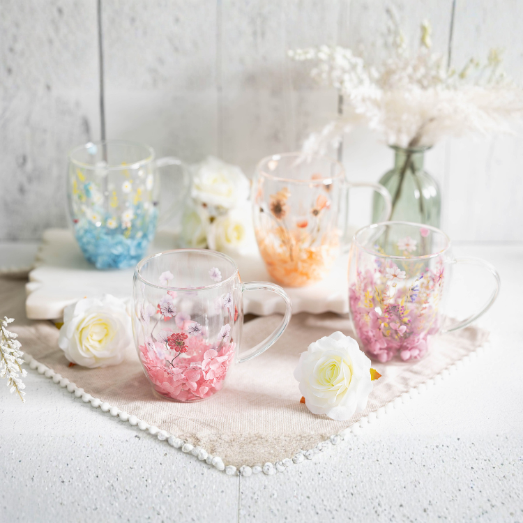 Jeanne Fitz Double Wall Flower Mugs, Assorted Colors, Set of 4