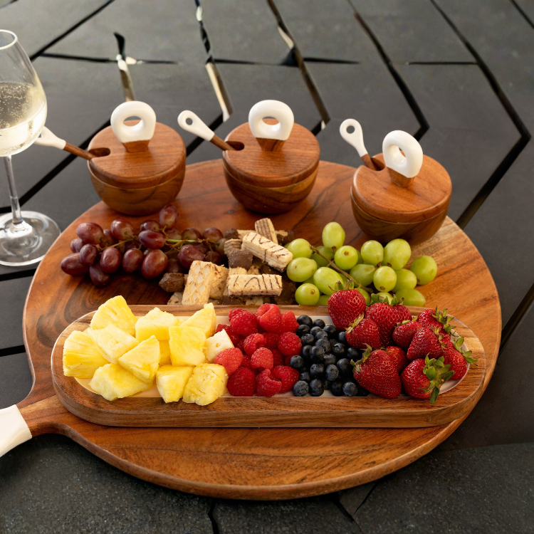 Jeanne Fitz Wood & White Collection Dipping Bowls & Charcuterie Utensils - 7 Piece Set