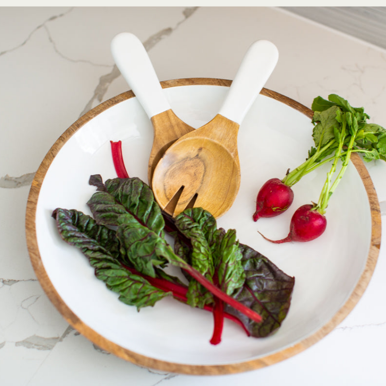 Jeanne Fitz Wood & White Collection Salad Bowl & Servers - Large, 3 Piece Set