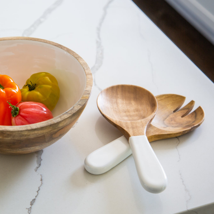 Jeanne Fitz Wood & White Collection Salad Bowl & Servers - Medium, 3 Piece Set