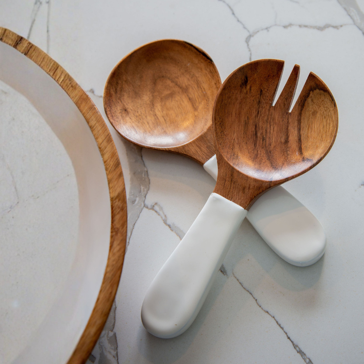 Jeanne Fitz Wood & White Collection Acacia Wood Salad Servers with