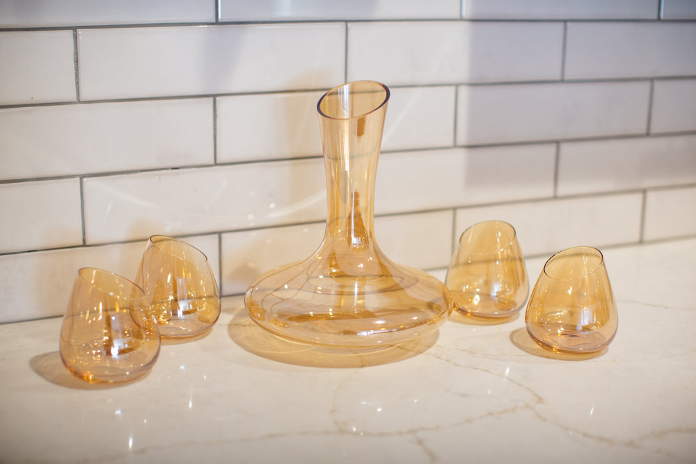 Jeanne Fitz Slant Collection Wine Decanter and Set of Four Stemless Wine Glasses, Gold
