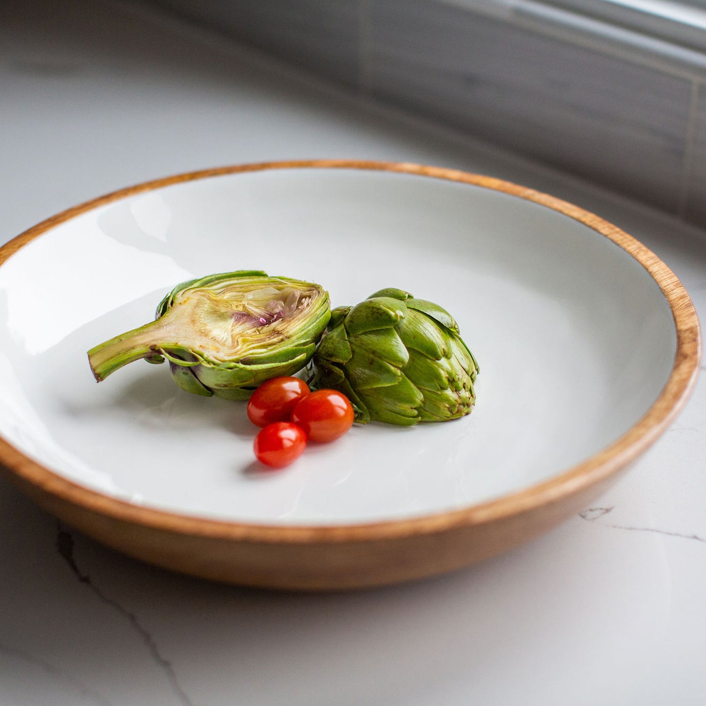 Jeanne Fitz Wood + White Collection Large Mango Wood Salad Bowl With Enamel Coating  Widgeteer Inc.   JF3001 0002 IMG 9645.1