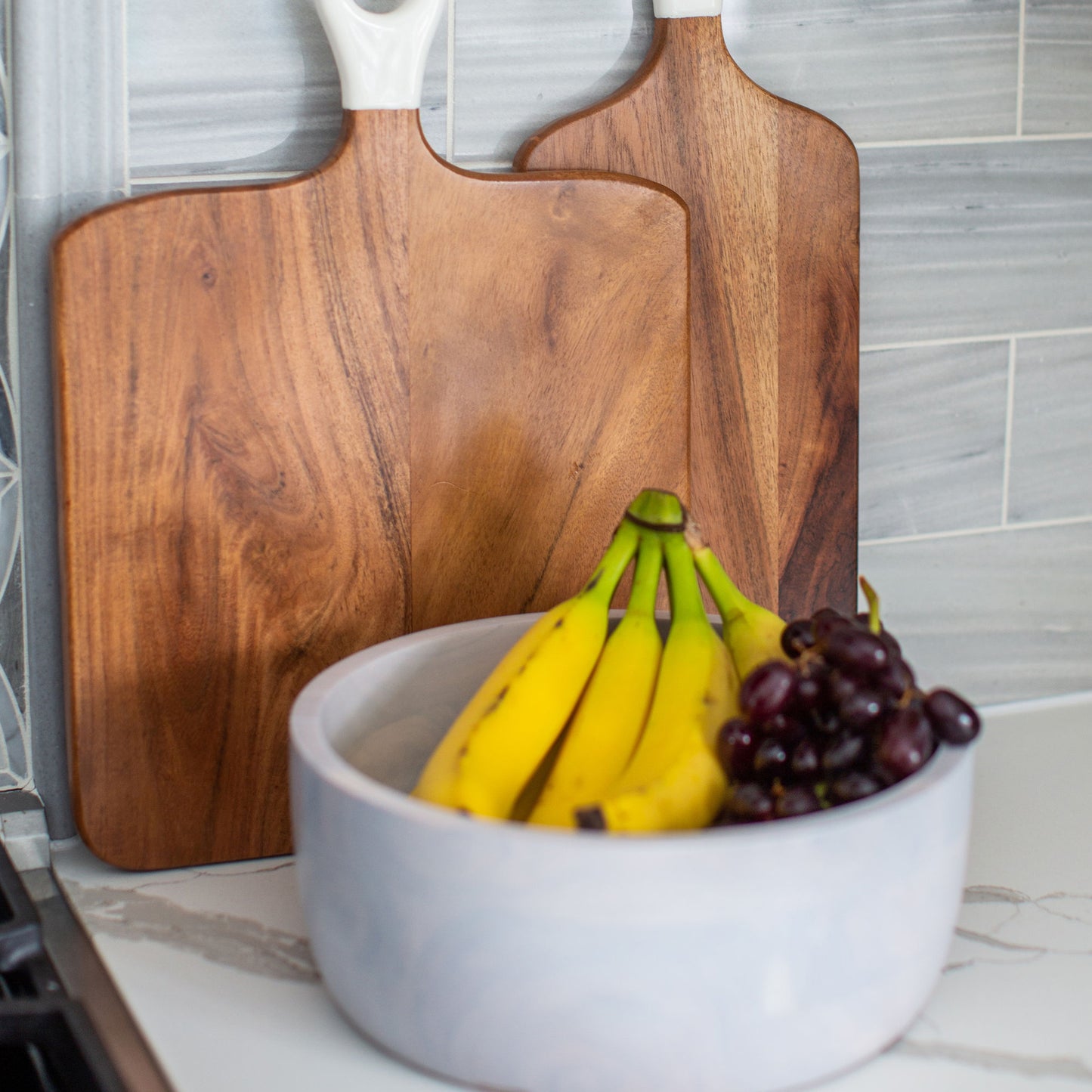 Jeanne Fitz Wood + White Collection Large Square Acacia Wood Charcuterie Board with Enamel Handle Jeanne Fitz Widgeteer Inc. wood and white collection JF3007. 1jpg