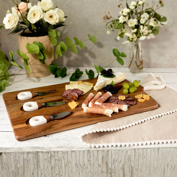 Jeanne Fitz Wood + White Collection Acacia Wood Board with Inlaid Knives