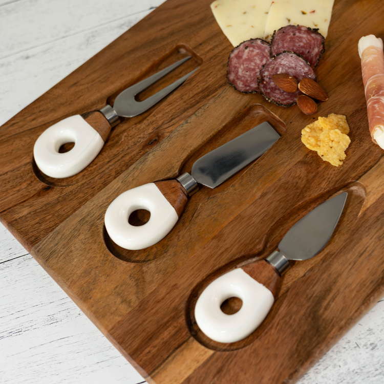 Jeanne Fitz Wood + White Collection Acacia Wood Board with Inlaid Knives