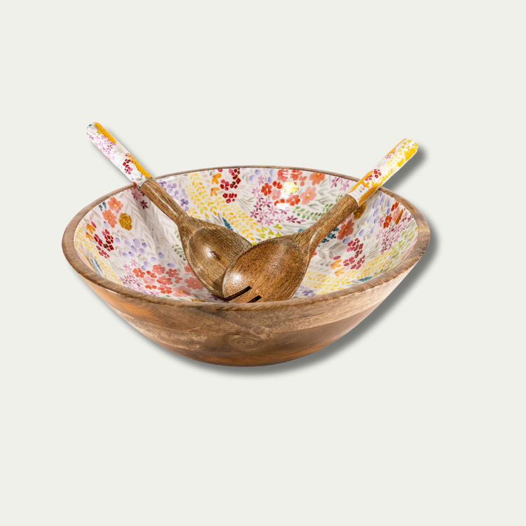 Jeanne Fitz Large Floral Gold Foil Bowl and Salad Servers Set