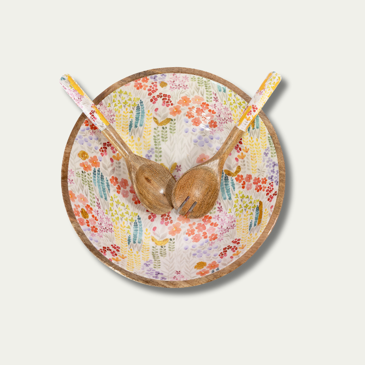 Jeanne Fitz Large Floral Gold Foil Bowl and Salad Servers Set