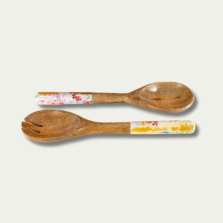 Jeanne Fitz Large Floral Gold Foil Bowl and Salad Servers Set