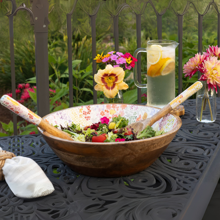 Jeanne Fitz Large Floral Gold Foil Bowl and Salad Servers Set