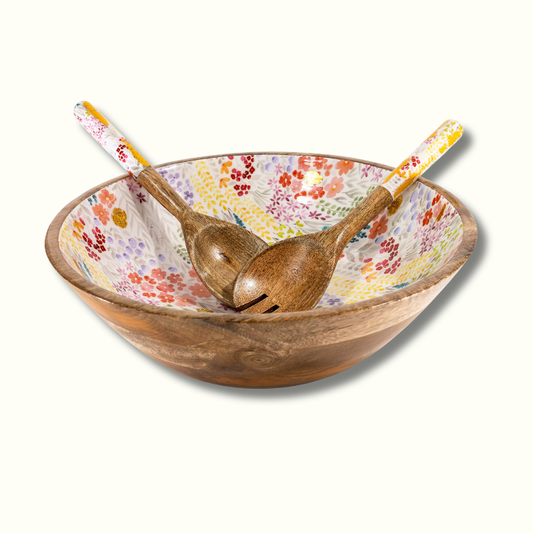 Jeanne Fitz Large Floral Gold Foil Bowl and Salad Servers Set