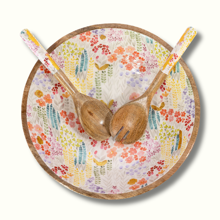 Jeanne Fitz Large Floral Gold Foil Bowl and Salad Servers Set