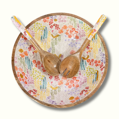 Jeanne Fitz Large Floral Gold Foil Bowl and Salad Servers Set