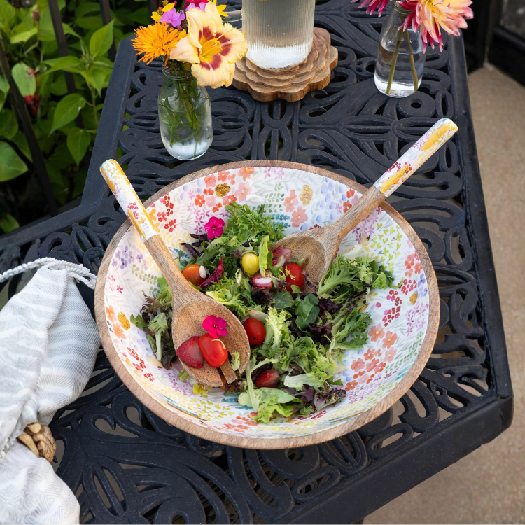 Jeanne Fitz Large Floral Gold Foil Bowl and Salad Servers Set