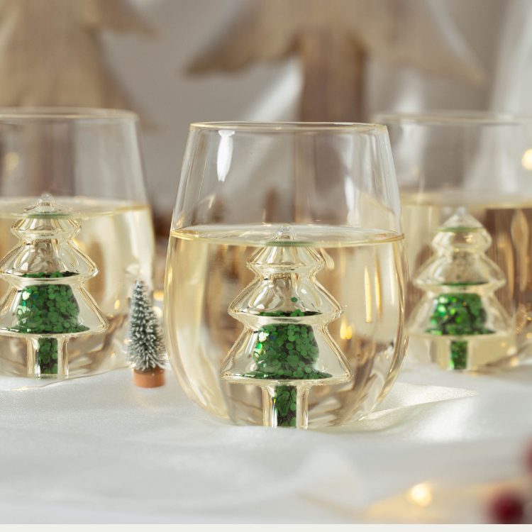 Jeanne Fitz Glitter Christmas Tree Stemless Wine Glass, Set of 4