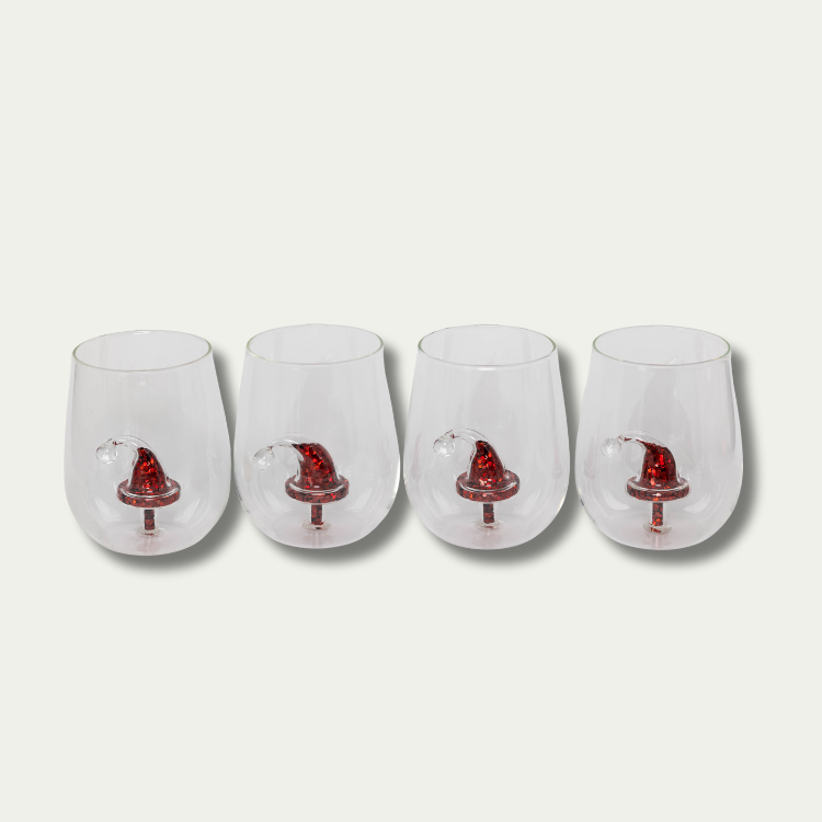 Jeanne Fitz Glitter Christmas Santa Hat Stemless Wine Glass, Set of 4