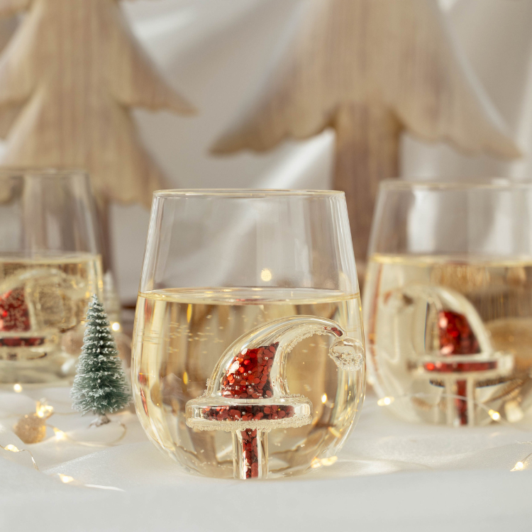 Jeanne Fitz Glitter Christmas Santa Hat Stemless Wine Glass, Set of 4