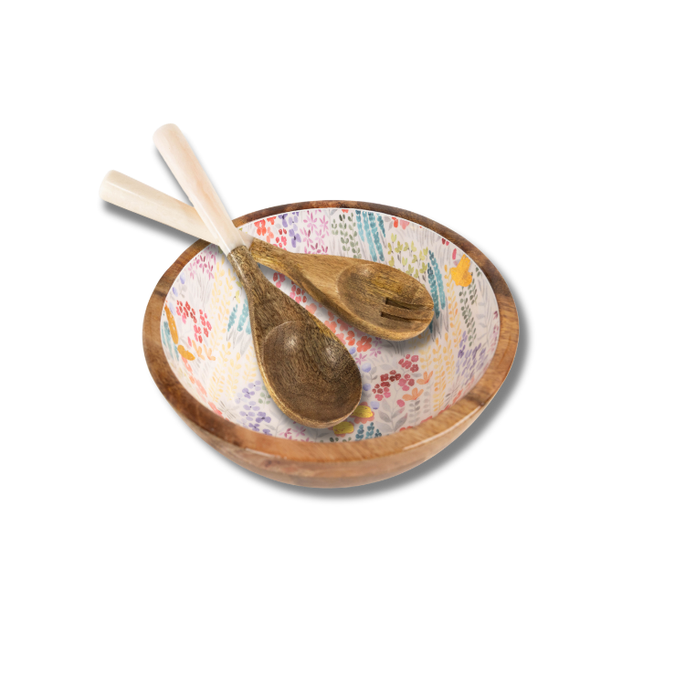 Jeanne Fitz Medium Floral Gold Foil Bowl and Salad Servers Set