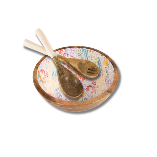 Jeanne Fitz Medium Floral Gold Foil Bowl and Salad Servers Set