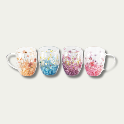 Jeanne Fitz Double Wall Flower Mugs, Assorted Colors, Set of 4