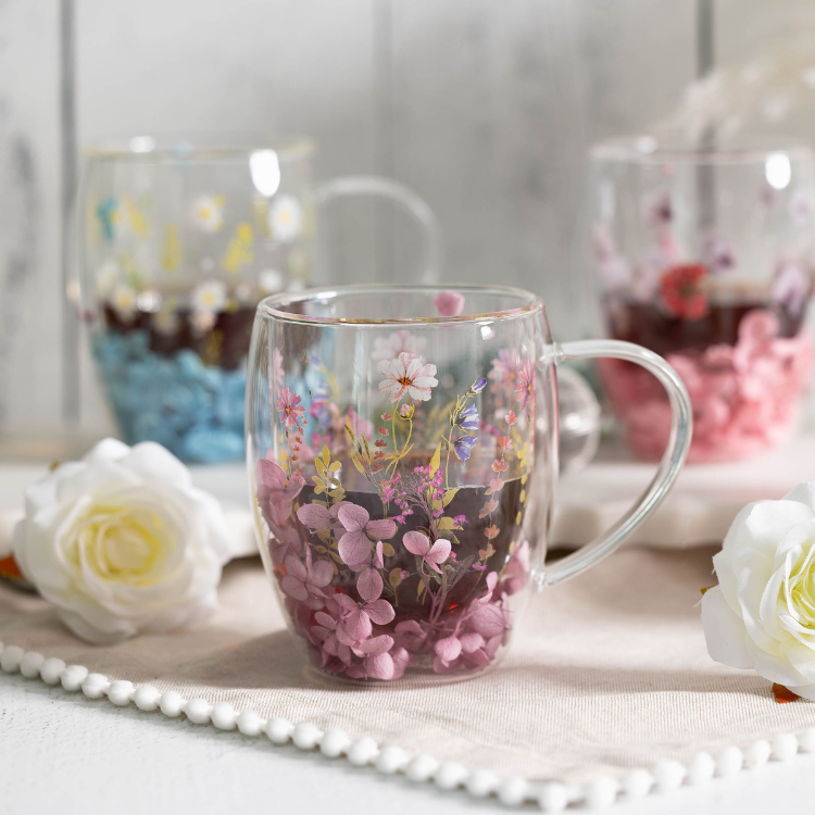 Jeanne Fitz Double Wall Flower Mugs, Assorted Colors, Set of 4