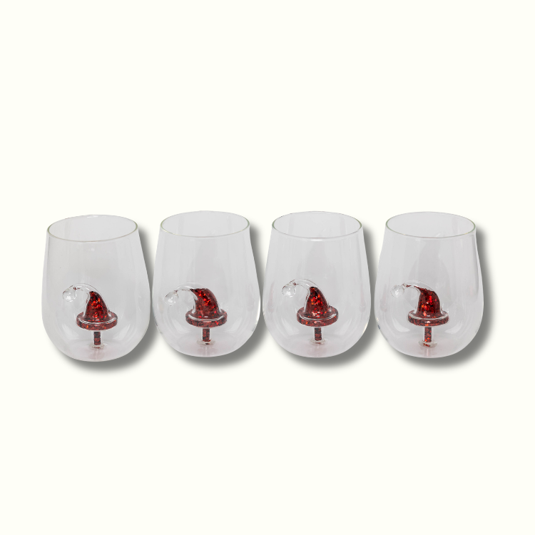 Jeanne Fitz Glitter Christmas Santa Hat Stemless Wine Glass, Set of 4