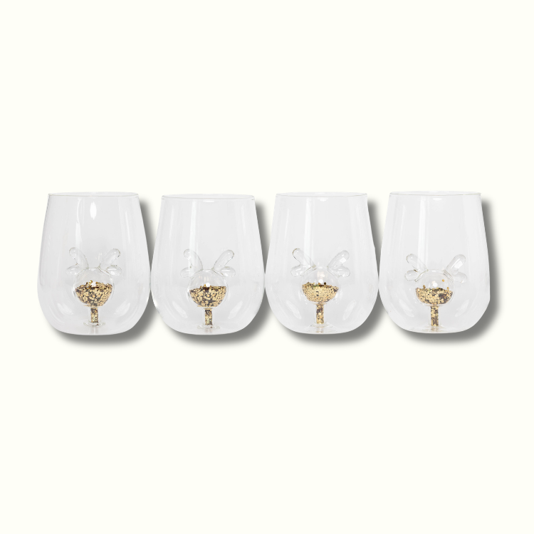 Jeanne Fitz Glitter Reindeer Stemless Wine Glass, Set of 4