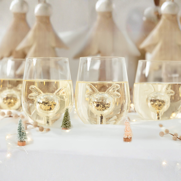 Jeanne Fitz Glitter Reindeer Stemless Wine Glass Set of 4