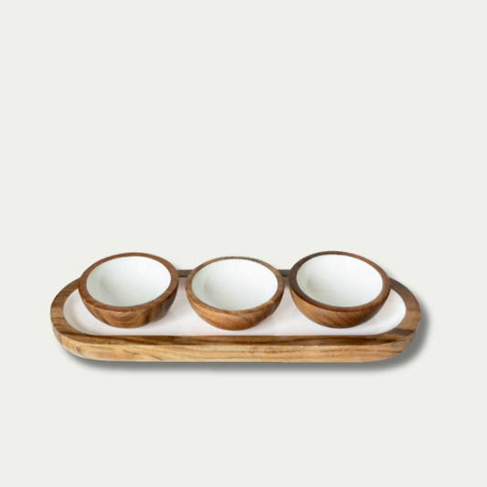 Jeanne Fitz Wood & White Collection Dipping Bowls and Serving Tray - 4 Piece Set