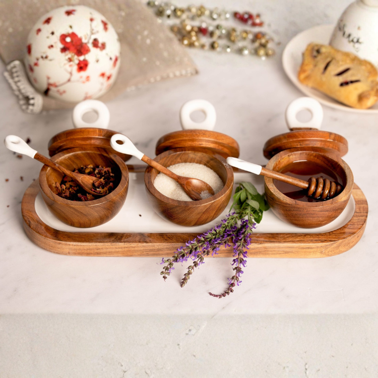 Jeanne Fitz Wood & White Collection Dipping Bowls & Charcuterie Utensils - 7 Piece Set