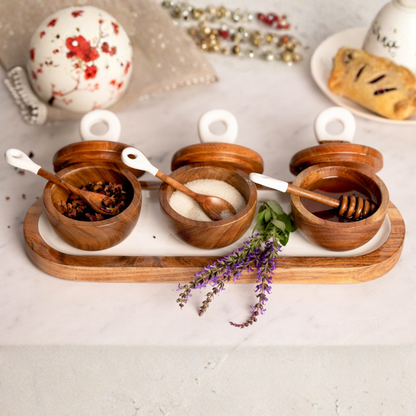Jeanne Fitz Wood & White Collection Dipping Bowls & Charcuterie Utensils - 7 Piece Set