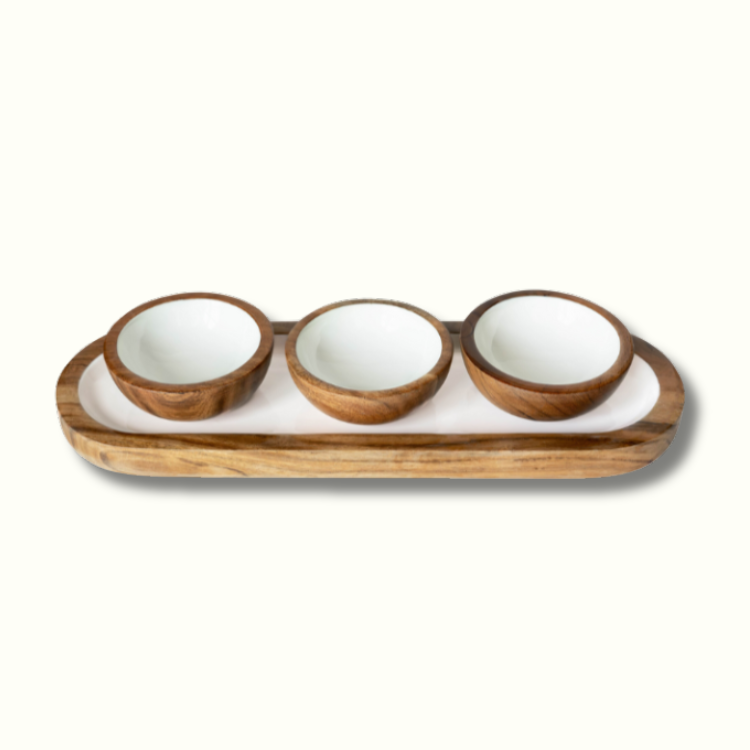 Jeanne Fitz Wood & White Collection Dipping Bowls and Serving Tray - 4 Piece Set