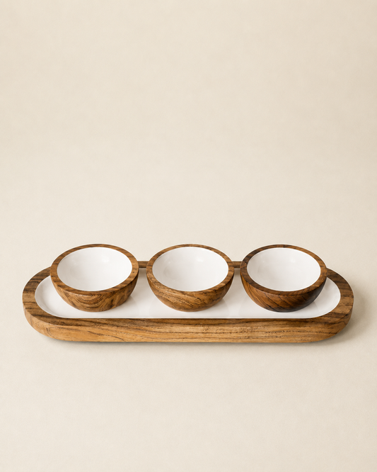 Jeanne Fitz Wood & White Collection Dipping Bowls and Serving Tray - 4 Piece Set