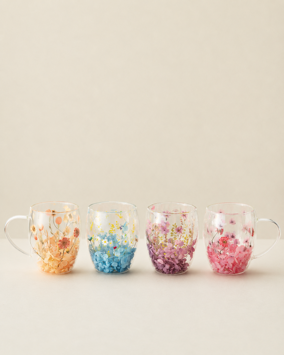 Four clear glass mugs with colorful floral patterns, arranged in a row against a light beige background. The mugs feature different color palettes: orange and yellow on the left, blue and white in the middle-left, purple and white in the middle-right, and pink and white on the right.