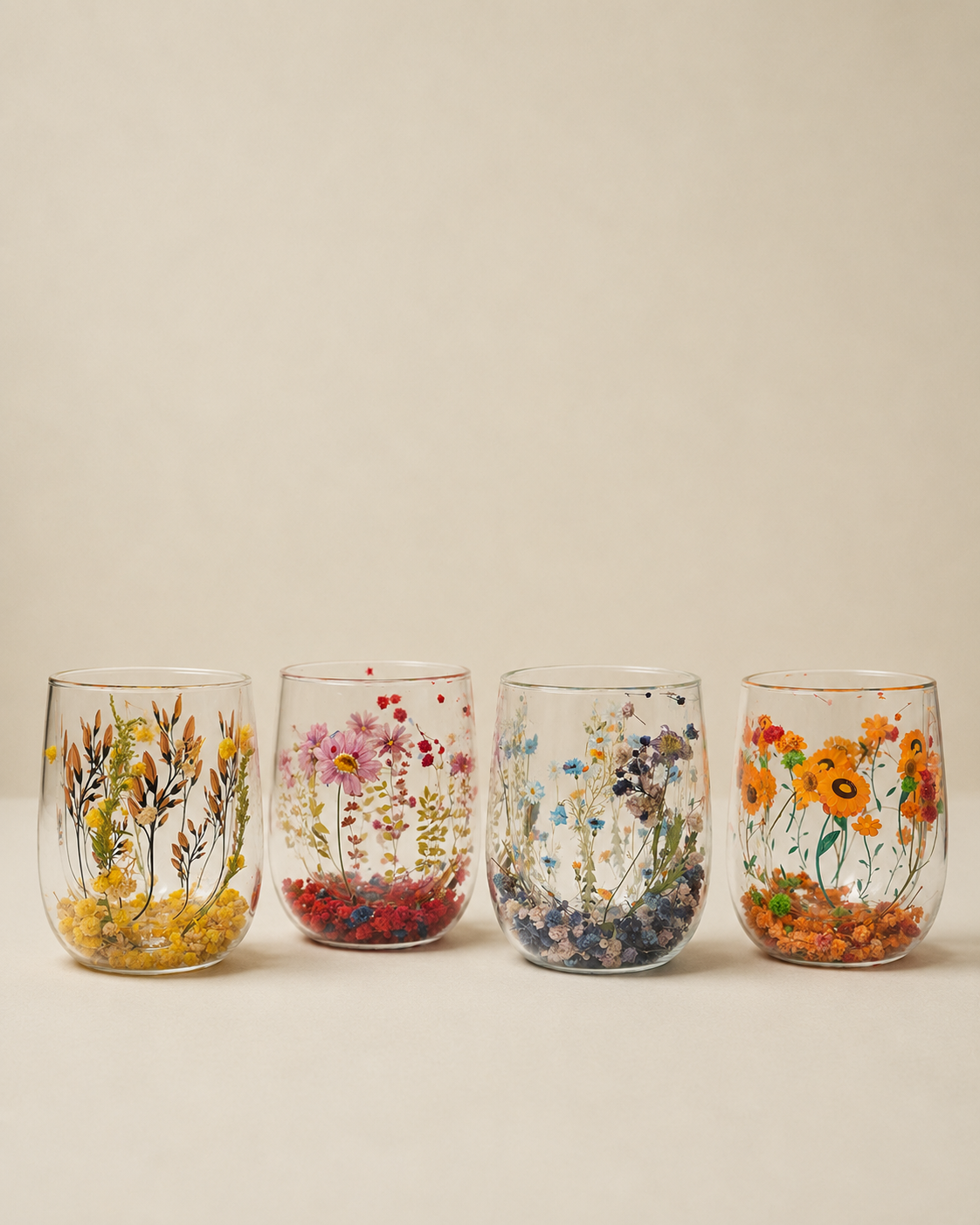 Four clear stemless wine glasses lined up in a row, each decorated with pressed dried flowers in different colors including yellow, pink, blue, and orange, set against a warm beige background.