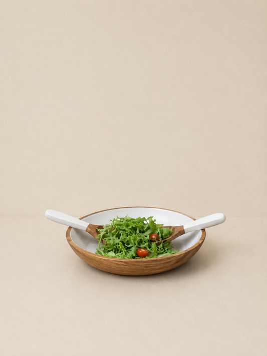 Jeanne Fitz Wood & White Collection Salad Bowl & Servers - Large, 3 Piece Set