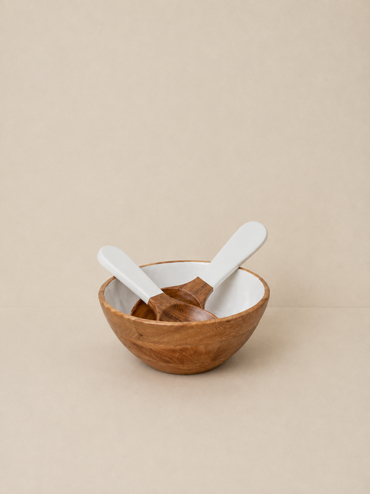 Jeanne Fitz Wood & White Collection Salad Bowl & Servers - Medium, 3 Piece Set