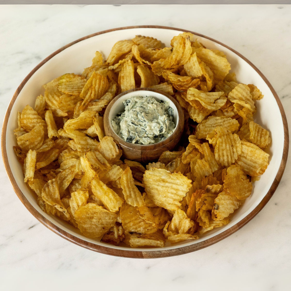 Wood + White Acacia Wood Chip and Dip Serving Bowl, 15 inch