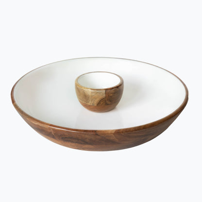 Wood + White Acacia Wood Chip and Dip Serving Bowl, 15 inch