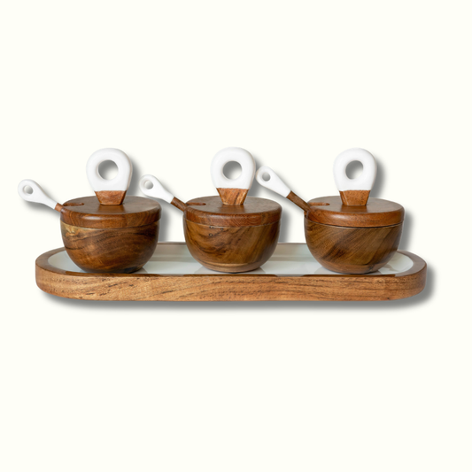 Jeanne Fitz Wood & White Collection Dipping Bowls & Charcuterie Utensils - 7 Piece Set