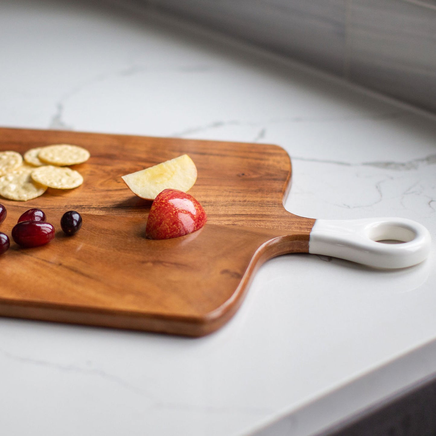 Jeanne Fitz  Wood + White Collection Large Square Acacia Wood Charcuterie Board with Enamel Handle Jeanne Fitz Widgeteer Inc. Serving platter  JF3005 0002 IMG 9864.1