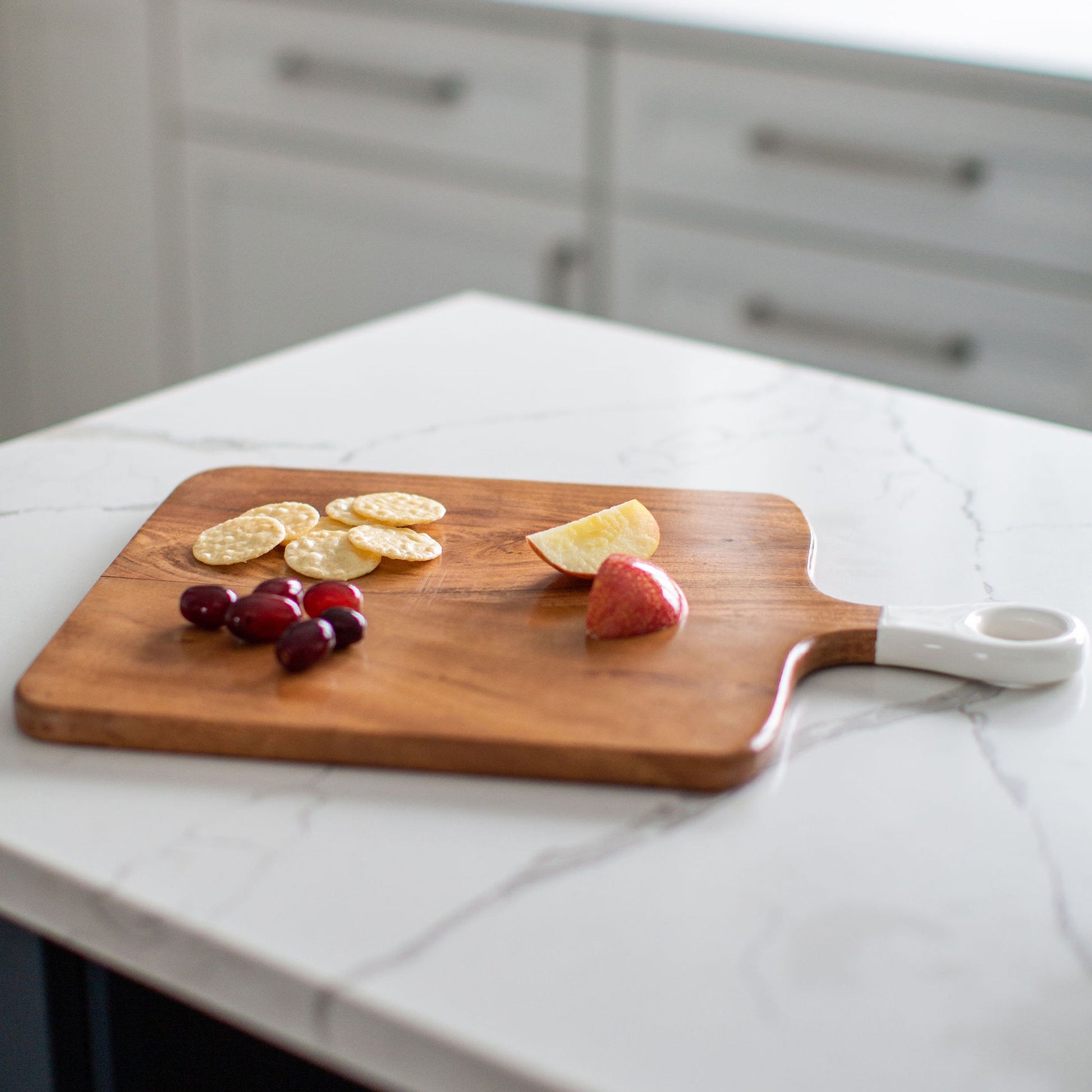 Jeanne Fitz  Wood + White Collection Large Square Acacia Wood Charcuterie Board with Enamel Handle Jeanne Fitz Widgeteer Inc. Serving platter  JF3005 0003 IMG 9848.1